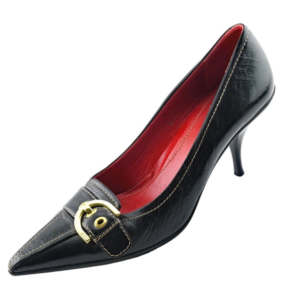 LKNW COACH Buckle Sarran Pumps 8 B Black Stiletto Heels 3.5 inches Italy Made - Picture 1 of 8